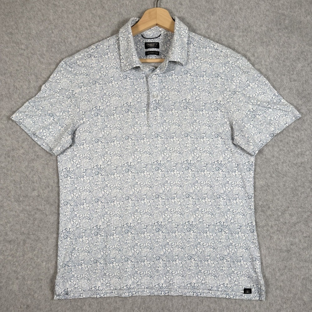 Faherty Reserve Movement Polo Shirt Mens Medium White Floral Stretch Pima Cotton